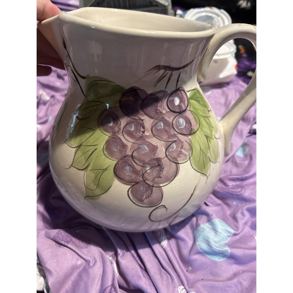 Home Ceramic Pitcher Purple Grapes Fruit Stoneware Farmhouse Kitchen Decor
